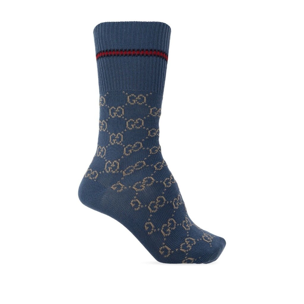 Nwt Gucci Socks Blue Gg Logo Wool Sz M